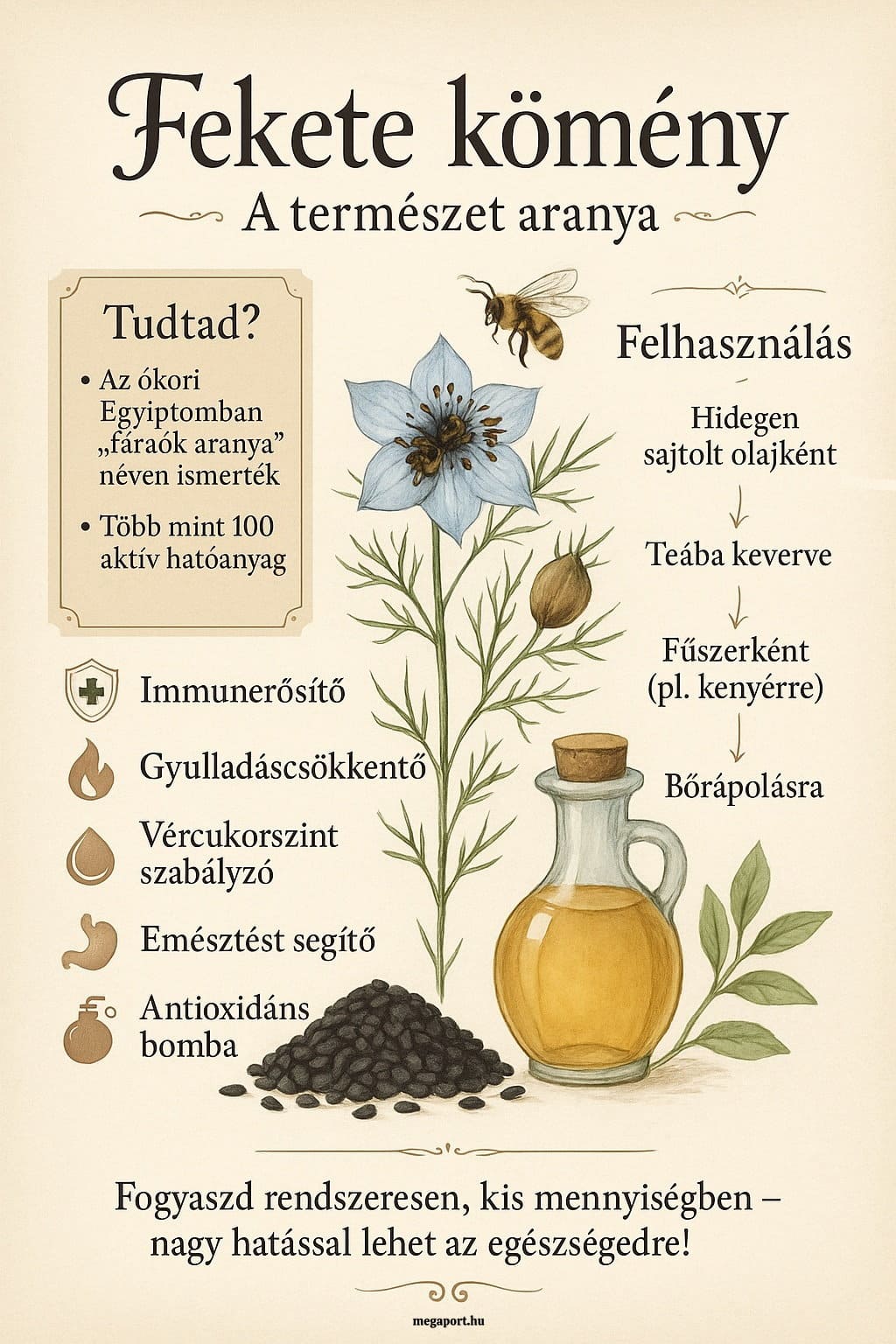 Fekete kömény jótékony hatásai (infógrafika)
