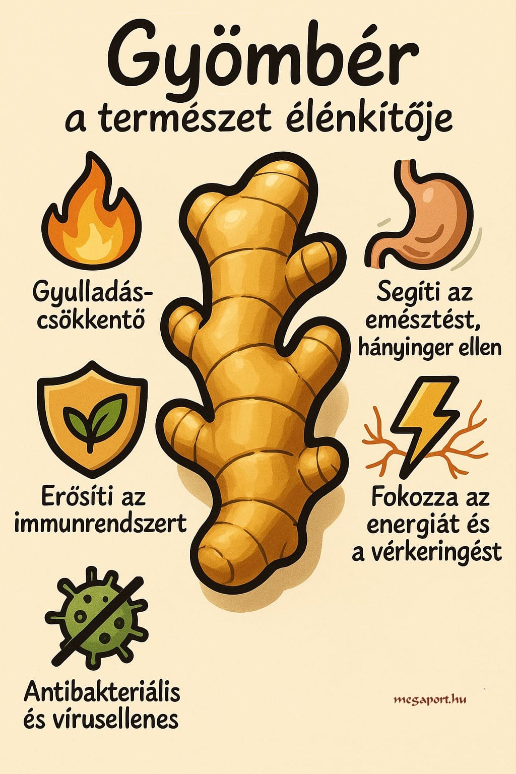 Gyömbér jótékony hatásai (infógrafika)